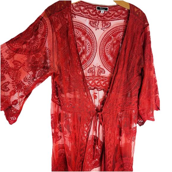 Vivid Collection Open Cardigan SZ M Red Crochet Lace Short Sleeve Top Boho Fall - Picture 2 of 15